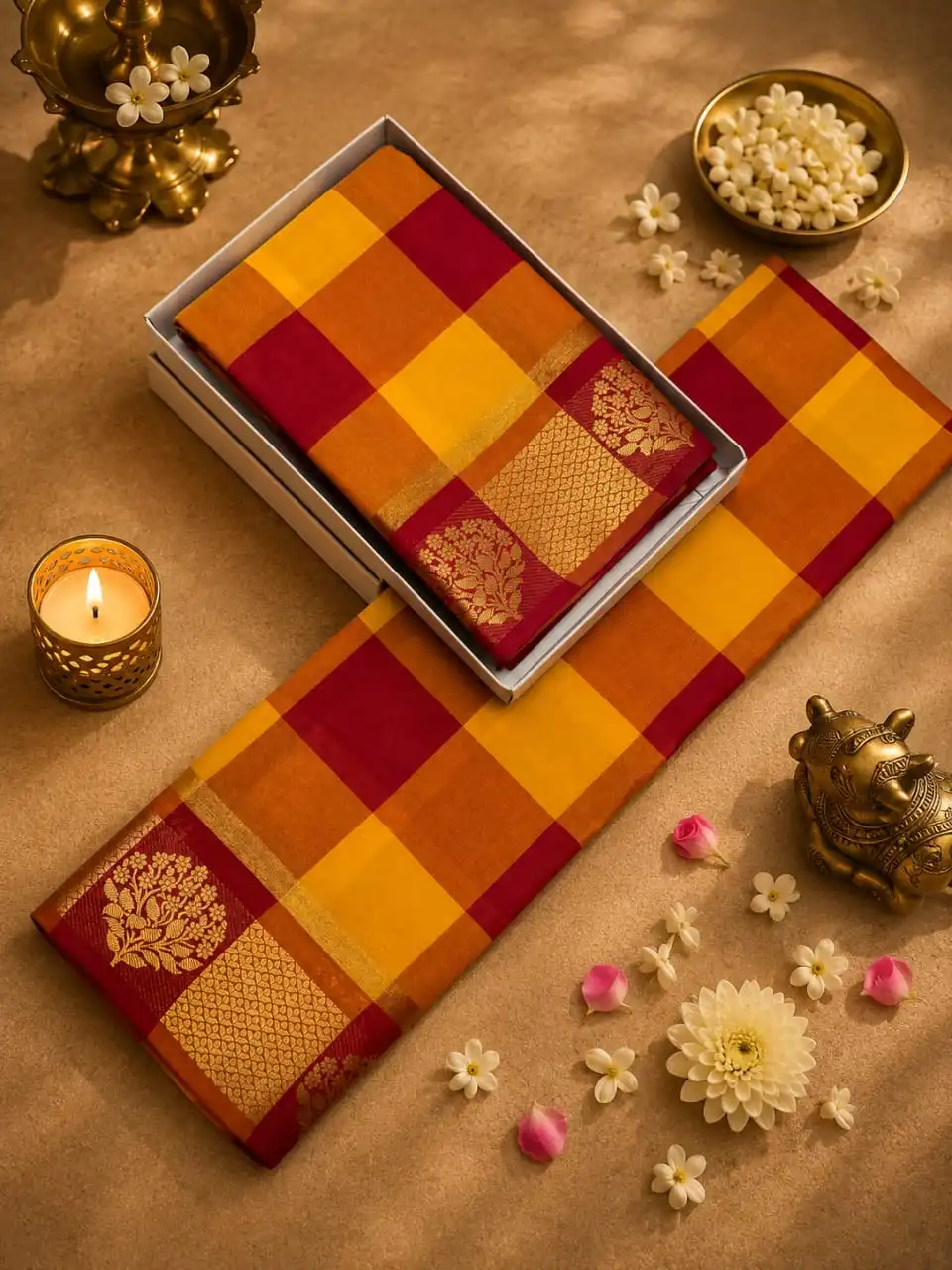 Floral Brocade Border Check Chettinad Saree